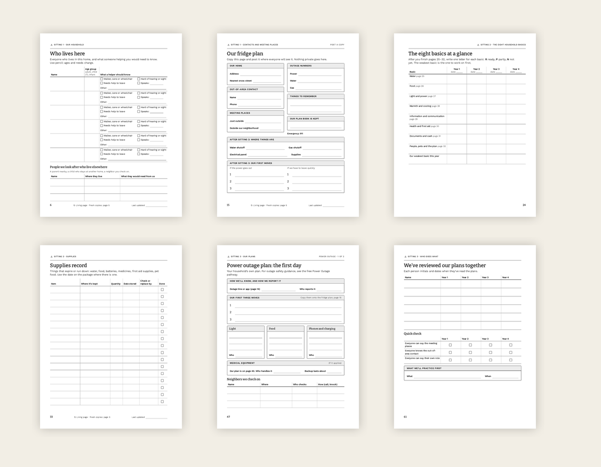 Six pages from inside The Household Readiness Workbook: Who lives here, Our fridge plan, The eight basics at a glance, Supplies record, Power outage plan: the first day, and We've reviewed our plans together